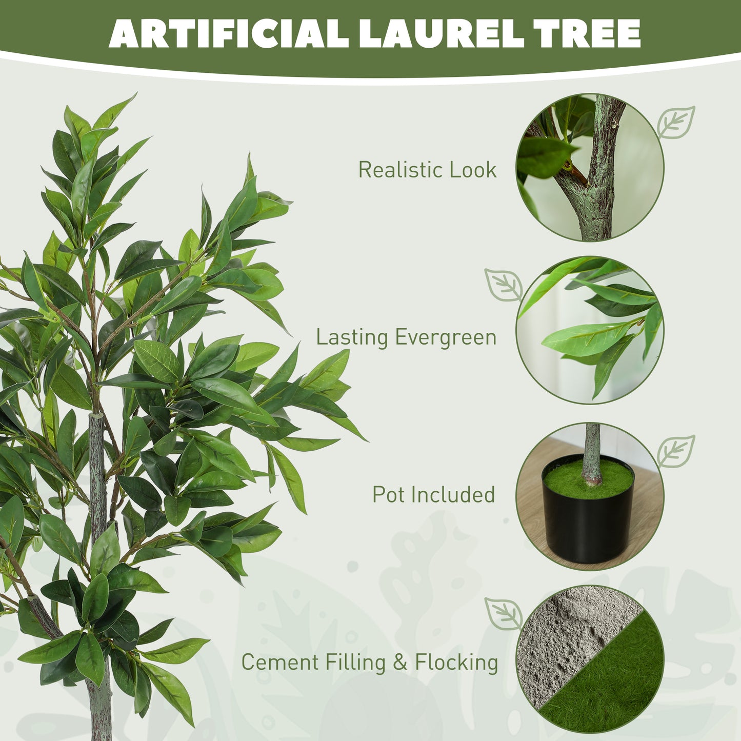 Potted Fake Plants Set of 2, Lifelike Laurel Artificial Trees with 345 PEVA Leaves for Indoor Outdoor Decor, Green