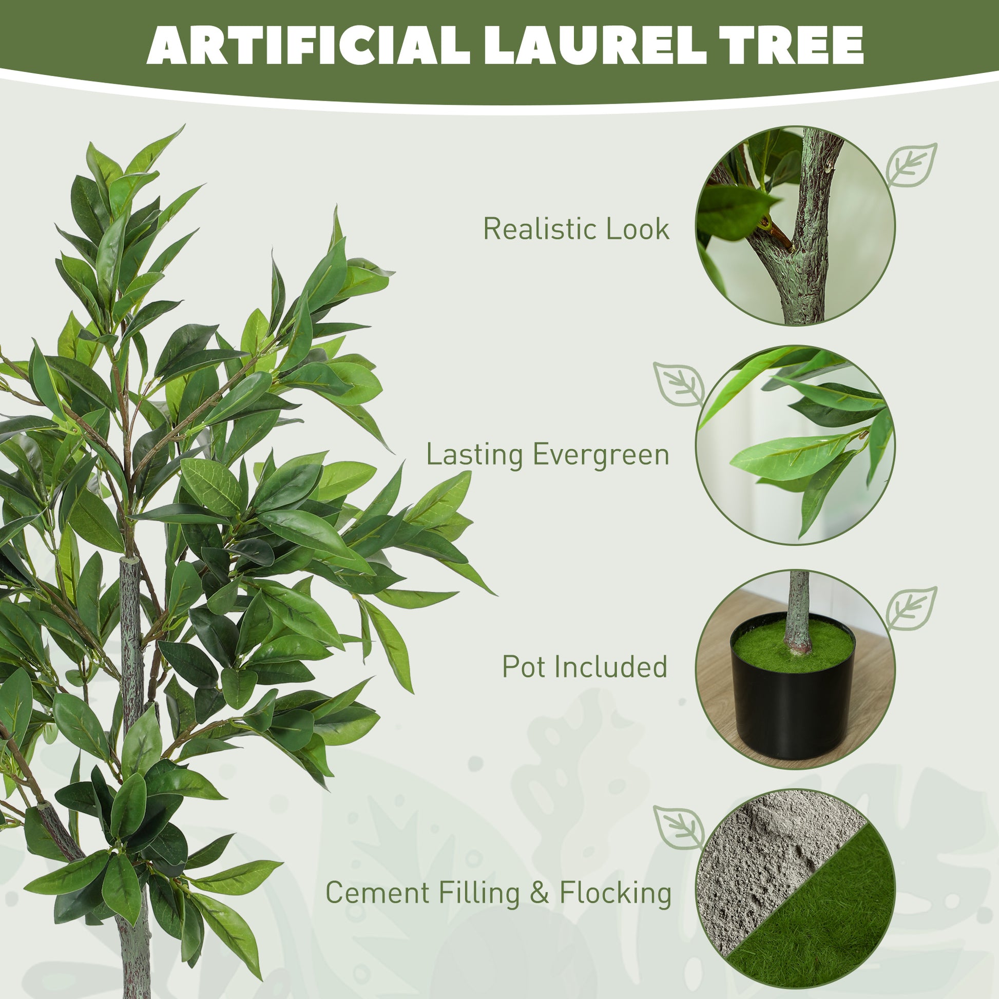 Potted Fake Plants Set of 2, Lifelike Laurel Artificial Trees with 345 PEVA Leaves for Indoor Outdoor Decor, Green