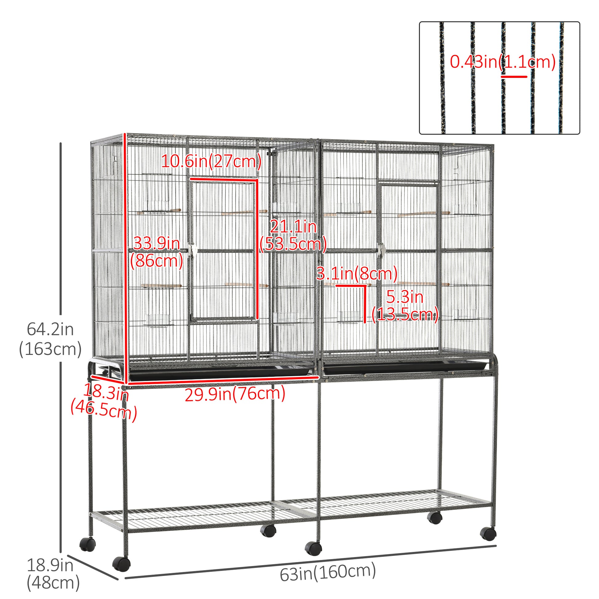 64" Extra Large Bird Cage, Rolling Metal Parrot Cage, Bird House with Detachable Rolling Stand, Storage Shelf, Wood Perch, Food Container, 62.8" x 18.9" x 64.2", Black