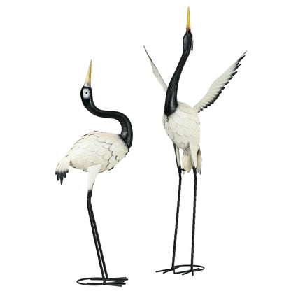 Set of 2 Garden Sculptures Heron Statues Lawn Patio Backyard Ornaments, 35.4"-40.6", White and Black
