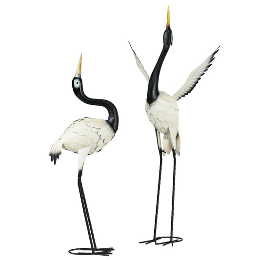 Set of 2 Garden Sculptures Heron Statues Lawn Patio Backyard Ornaments, 35.4"-40.6", White and Black