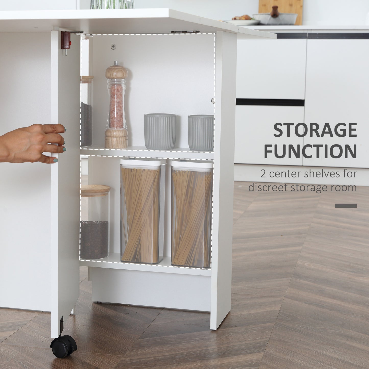 Extendable Dining Table, Collapsible Folding Table w/ 2-tier Shelves and Rolling Casters, White