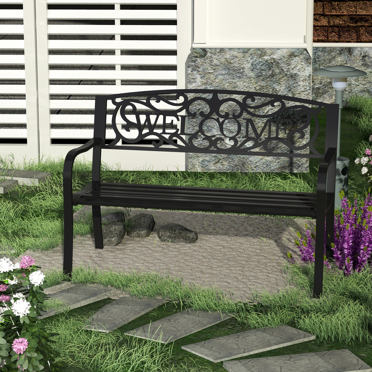 50" 2-Seater Garden Bench, Patio Decorative Chair Metal Backyard Loveseat Outdoor Furniture for Yard, Lawn, Porch, Black