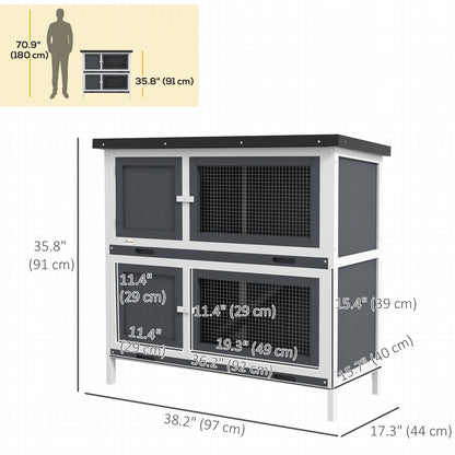 Wood Rabbit Hutch with 2 Large Main House, Ramp, Trays, Grey