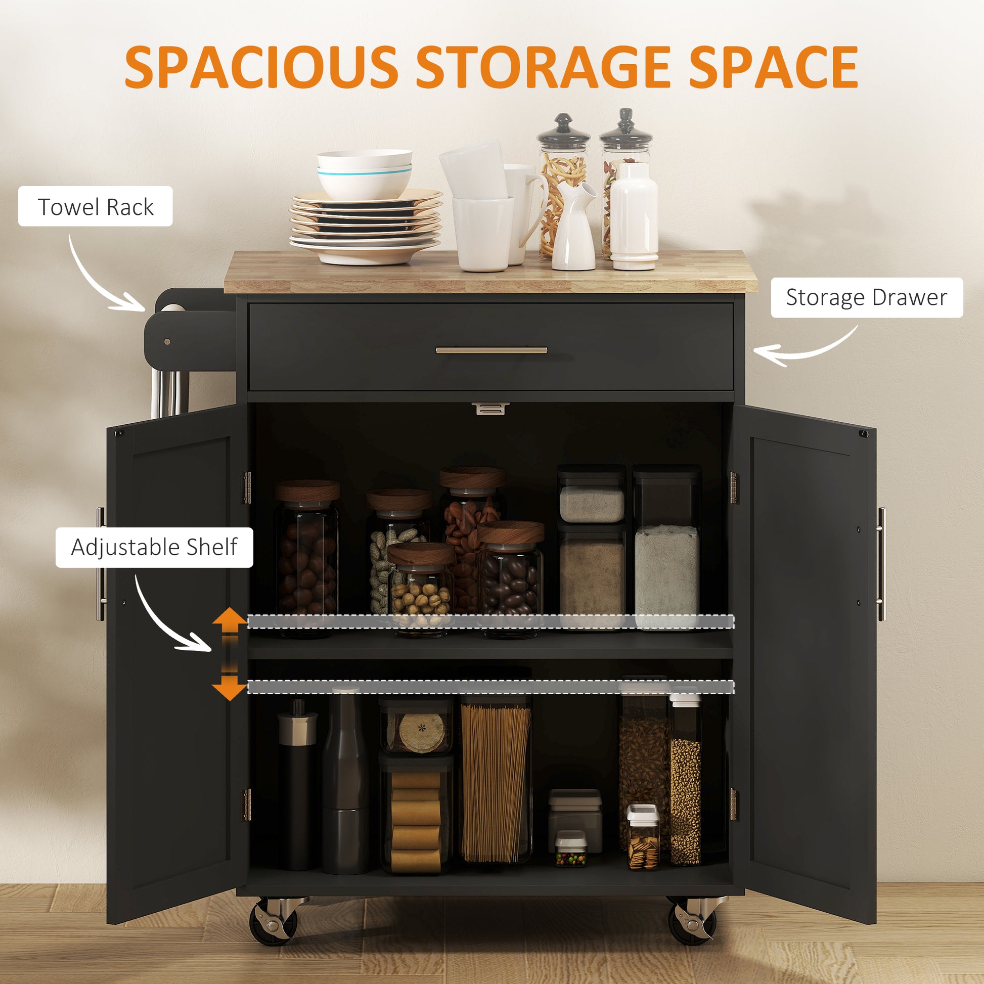 Rolling Kitchen Island Cart with Wood Top, Enough Storage Drawer Space with Towel Bar Rack Shelves, Portable Kitchen Utility Serving Cart Trolley on Wheels, Black