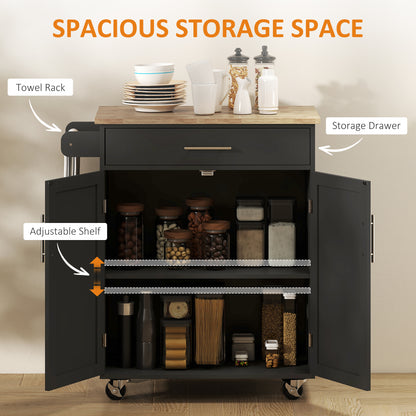 Rolling Kitchen Island Cart with Wood Top, Enough Storage Drawer Space with Towel Bar Rack Shelves, Portable Kitchen Utility Serving Cart Trolley on Wheels, Black