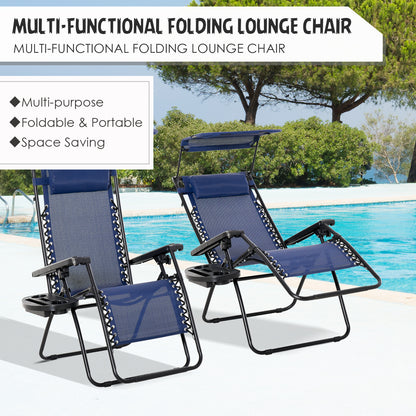 Zero Gravity Chair Set of 2 with Canopy Shade, Outdoor Folding Lounge Chair with Side Tray, Cup Holder, Reclining Lounger with Breathable Mesh Seat and Pillow, Blue