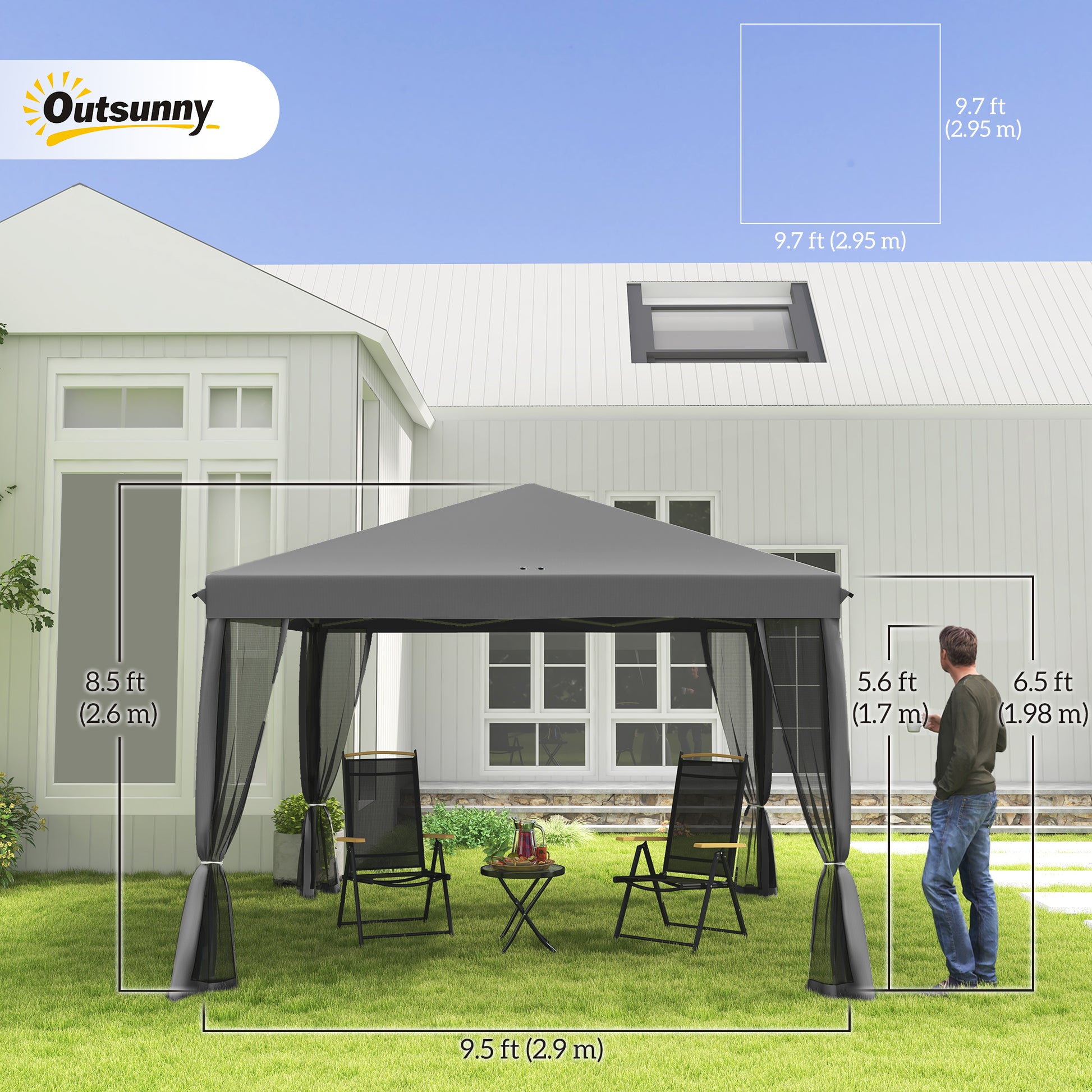 10' x 10' Pop Up Canopy Tent Gazebo, Foldable Canopy Tent with Zipper Mesh Sidewalls, Light Grey