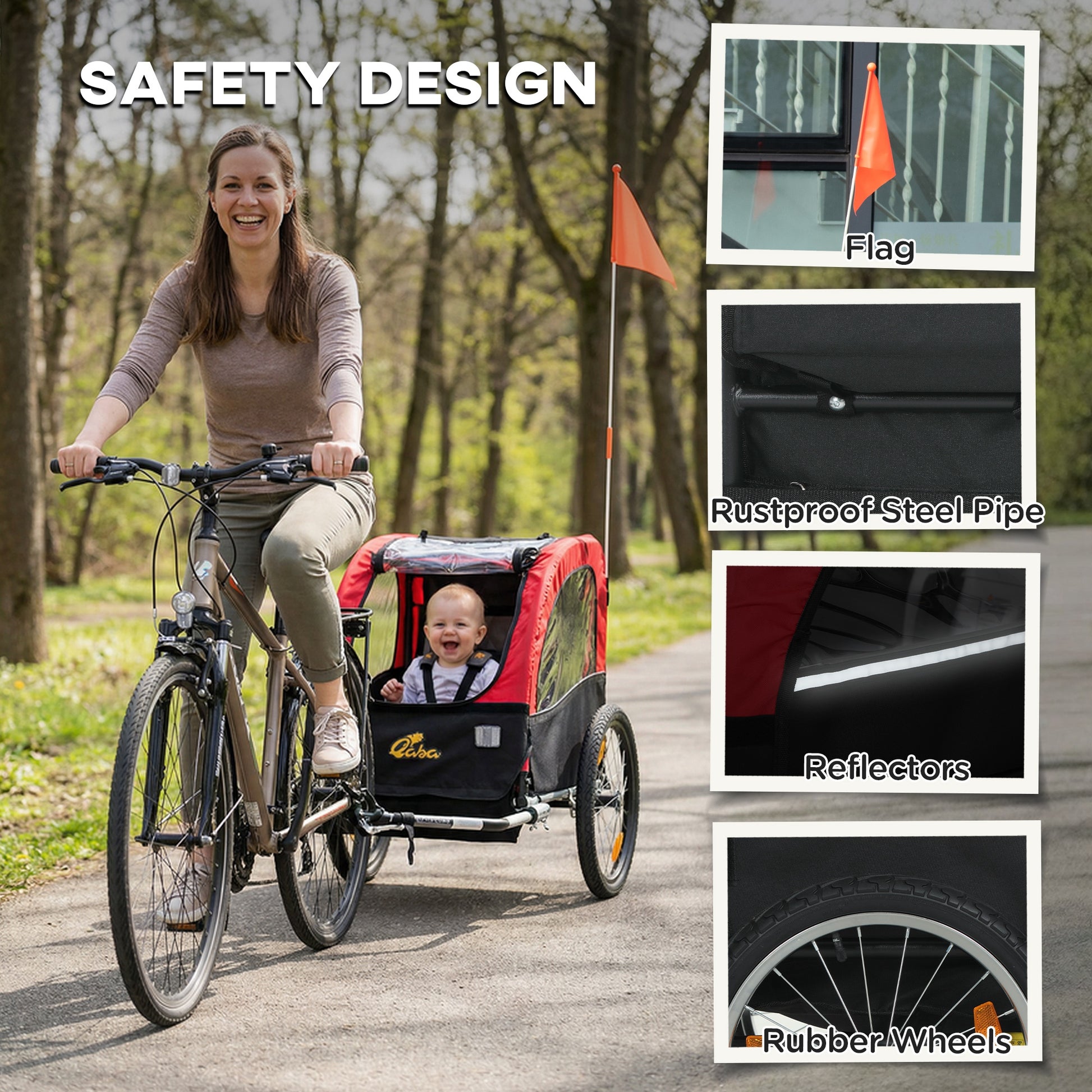 Qaba Bike Trailer for Kids, Baby Bicycle Trailer with 5-Point Harness, 16" Rubber Wheels, Storage Bag, for 18+ Months, Red
