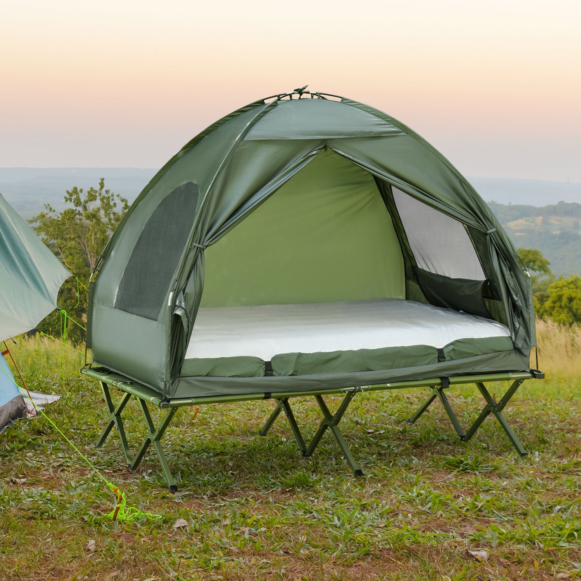 All in 1 Camping Combo Portable Folding Camping Tent Cot Air Mattress w/ Carry Bag and Pump Hiking Shelter Sleeping Bed Dark Green