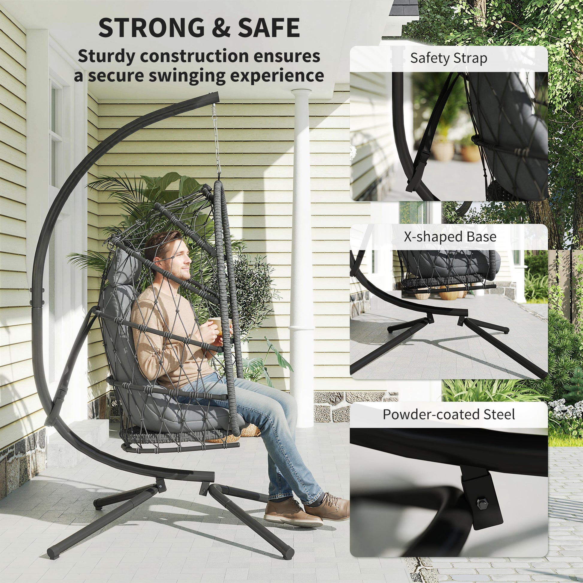 Hanging Egg Chair with Stand, Foldable Wicker Rattan Swing Chair with Thick Cushion and Safety Rope, Grey