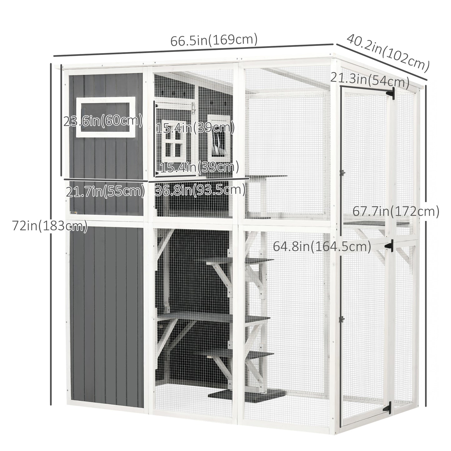 Wooden Cat Catio, 66.5"L Walk in Outdoor Cat House with PVC Weather Protection Roof, Multiple Platforms, Lockable Doors, Resting Condo, Observation Window, for 2 Cats