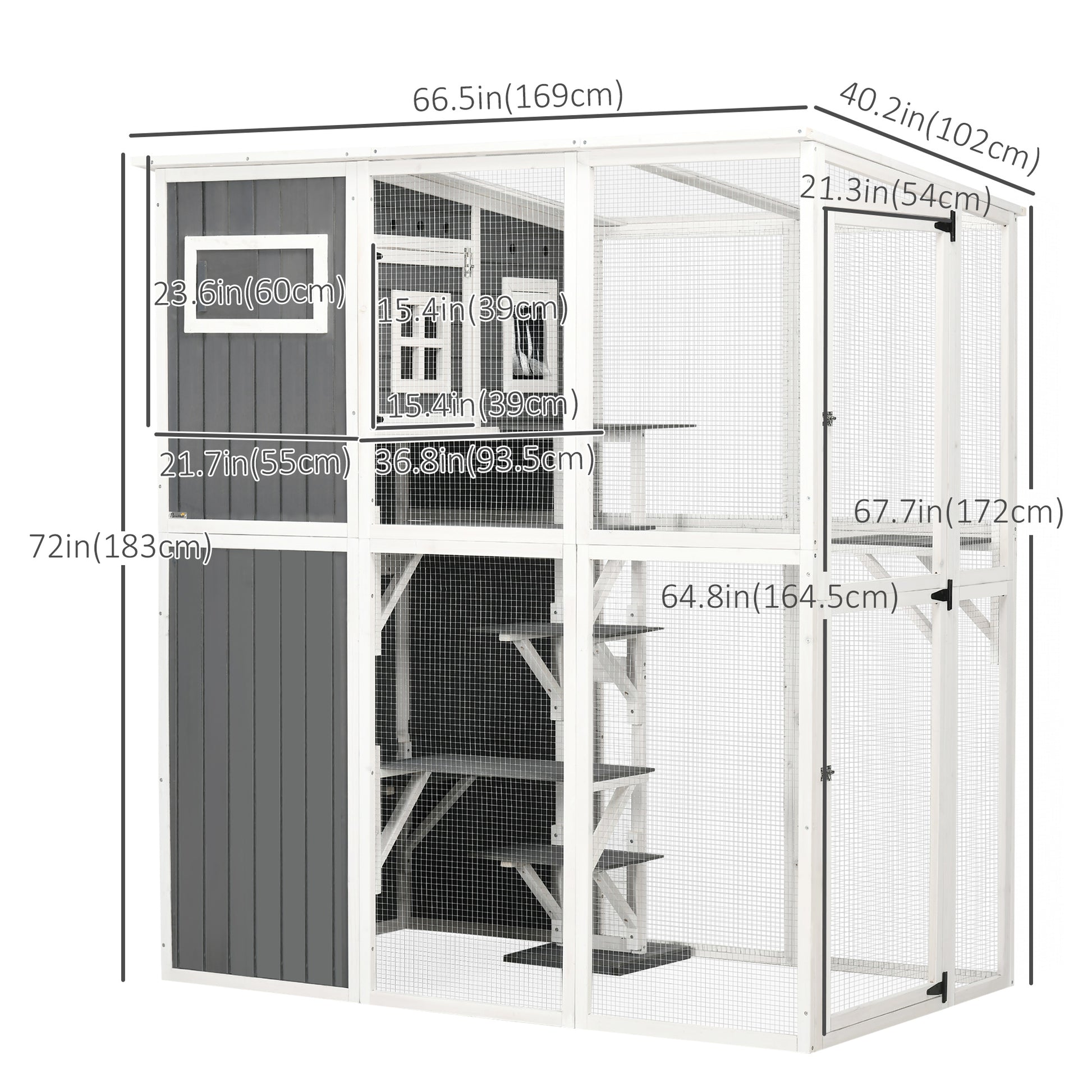 Wooden Cat Catio, 66.5"L Walk in Outdoor Cat House with PVC Weather Protection Roof, Multiple Platforms, Lockable Doors, Resting Condo, Observation Window, for 2 Cats