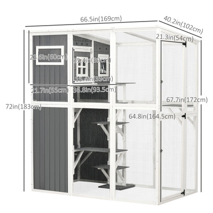 Wooden Cat Catio, 66.5"L Walk in Outdoor Cat House with PVC Weather Protection Roof, Multiple Platforms, Lockable Doors, Resting Condo, Observation Window, for 2 Cats