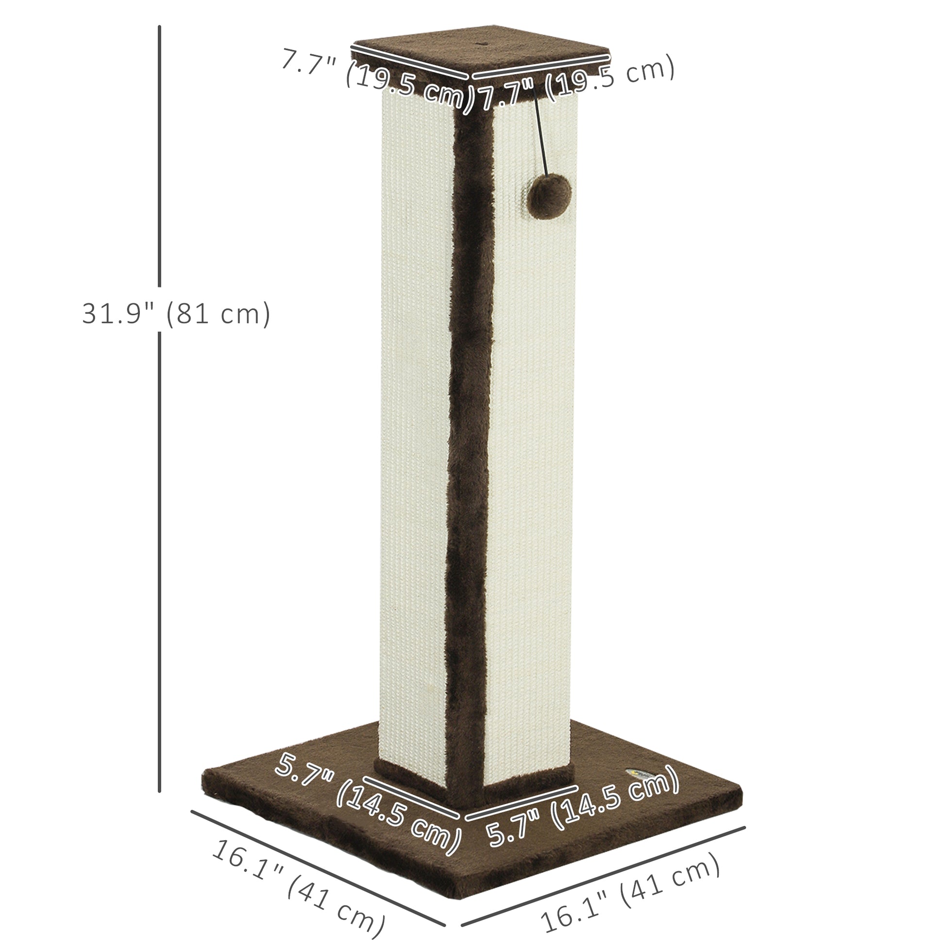 32" Tall Cat Scratching Post for Indoor Cats and Kittens, Sisal Cat Scratcher with Hanging Ball Soft Plush, Brown