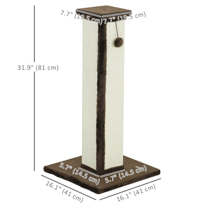 32" Tall Cat Scratching Post for Indoor Cats and Kittens, Sisal Cat Scratcher with Hanging Ball Soft Plush, Brown