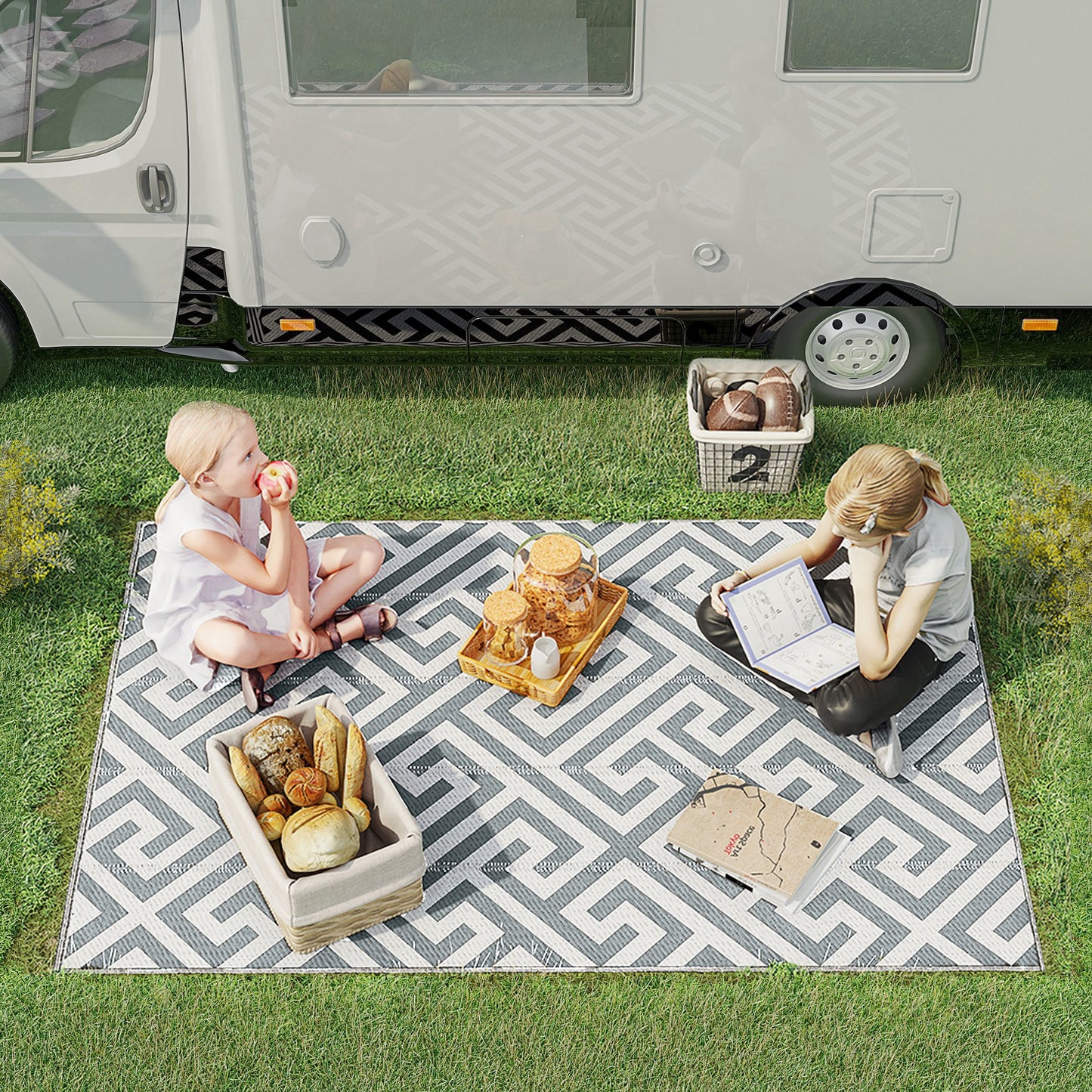 Reversible Outdoor RV Rug, Patio Floor Mat, 5' x 8' Plastic Straw Rug for Backyard, Deck, Beach, Camping, Grey & White
