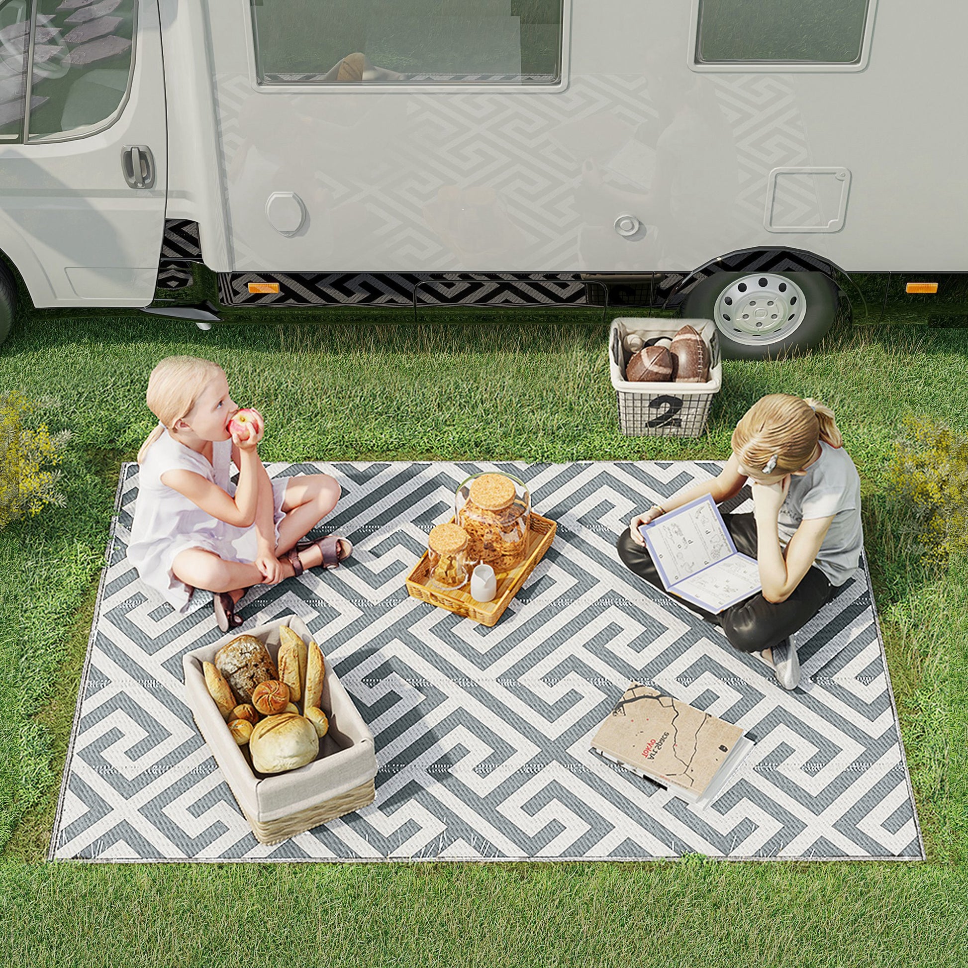 Reversible Outdoor RV Rug, Patio Floor Mat, 5' x 8' Plastic Straw Rug for Backyard, Deck, Beach, Camping, Grey & White