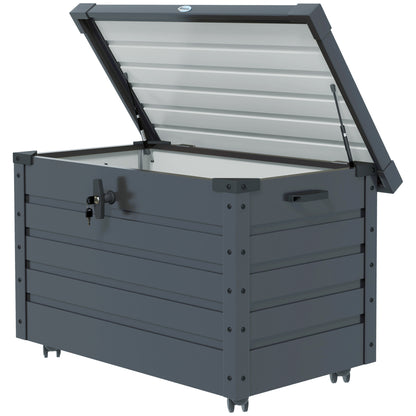 78 Gallon Garden Storage Box, Waterproof Outdoor Storage Container with Wheels and Handles, Dark Grey