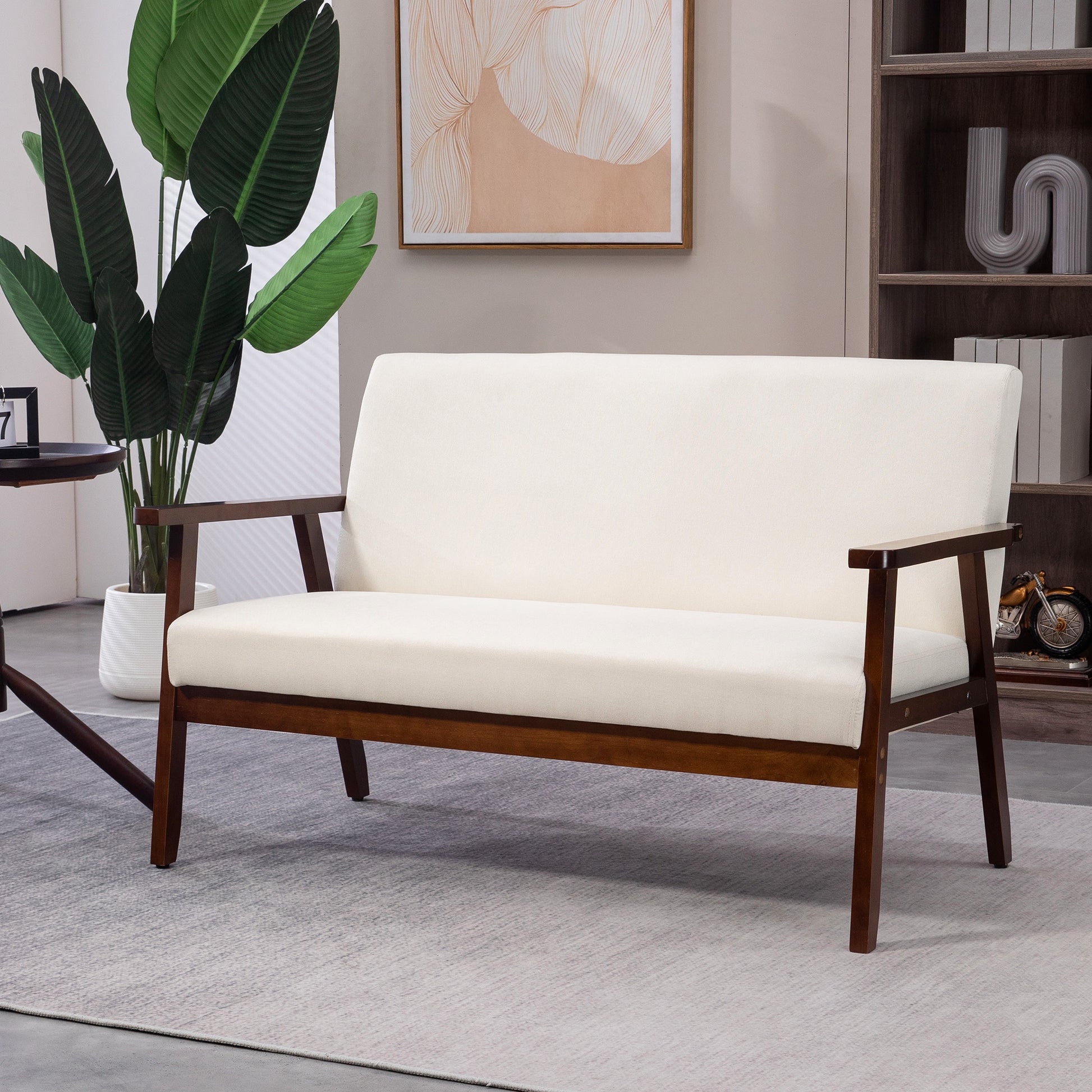 Compact Loveseat Sofa Couch Linen Fabric Double Seat Sofa with Rubber Wood Legs Cream White
