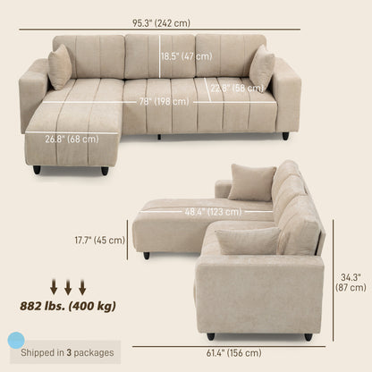 Sectional Couch with Integrated Seat, 3 Seater L-Shaped Sofa with Changeable Chaise, Spring Cushion, 2 Pillows, Beige