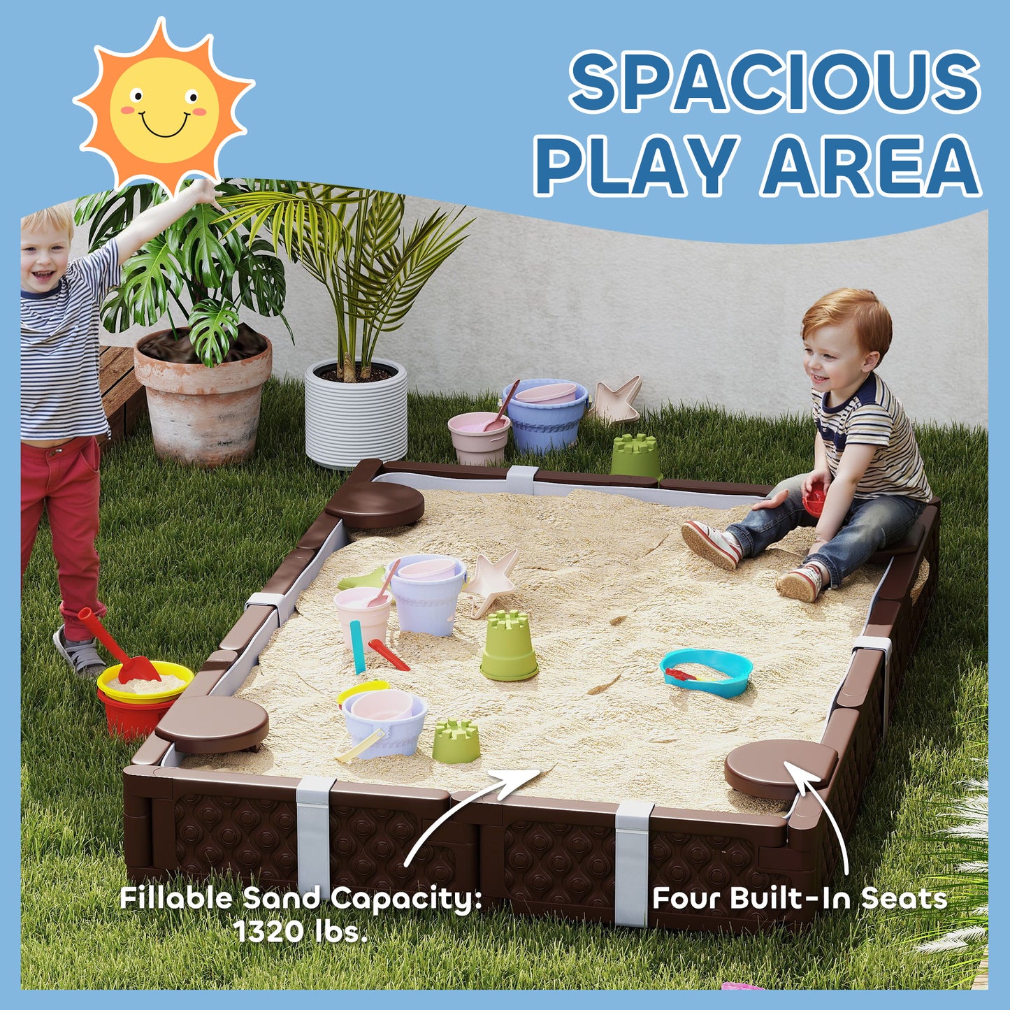 Qaba Kids Sandbox with Cover, 4 Corner Seats, Bottom Liner for Backyard, Garden, Outdoor, 73" x 47" x 9", Dark Brown