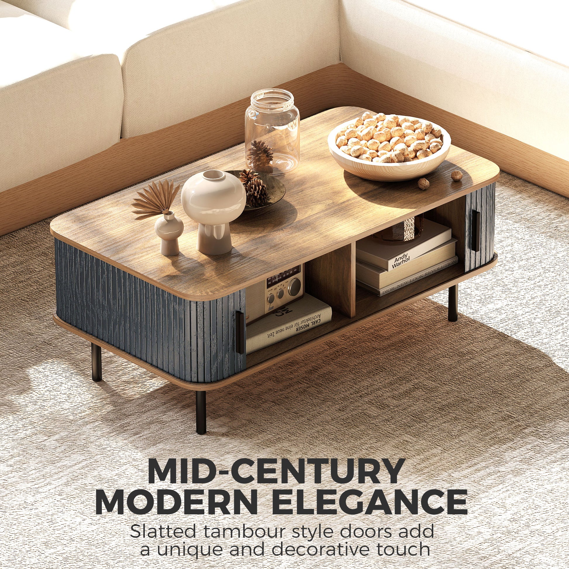 Nordic Side Table with Fluted Tambour Sliding Doors and Steel Legs, Coffee Table with Storage for Living Room, Black