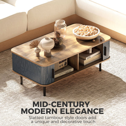 Nordic Side Table with Fluted Tambour Sliding Doors and Steel Legs, Coffee Table with Storage for Living Room, Black