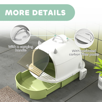 Cat Litter Box with Lid, Front Door Flap, Scoop, Handle, Easy Clean, for Small and Medium Cats, Green