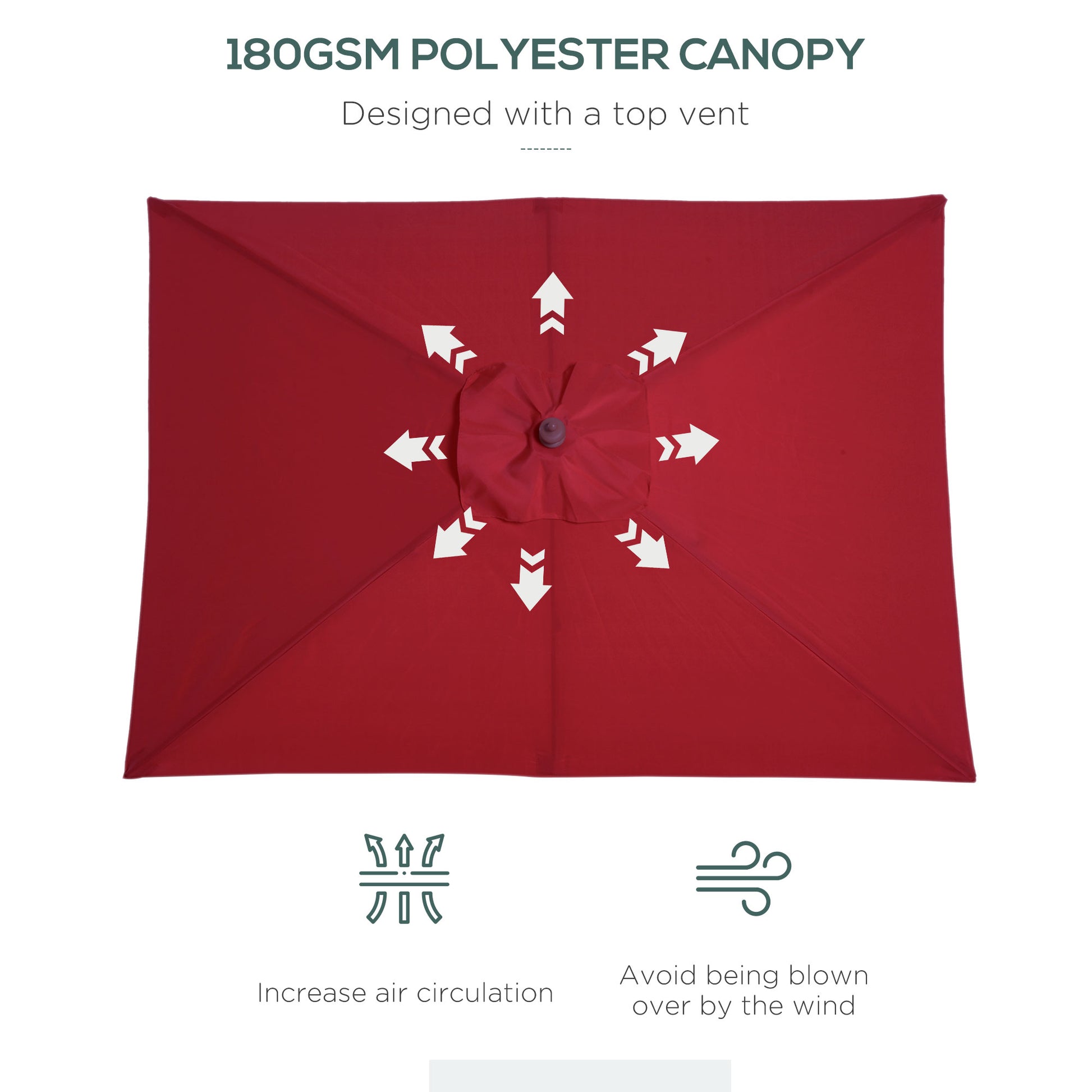 6.6x5ft Square Market Parasol, Wooden Patio Umbrella with Tilt Mechanism and 6 Bamboo Ribs, Garden Sunshade, Wine Red