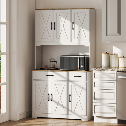Tall Kitchen Pantry, 6 Doors, 2 Drawers, Adjustable Shelves & Worktop, Rustic Storage Cabinet for Living Room White