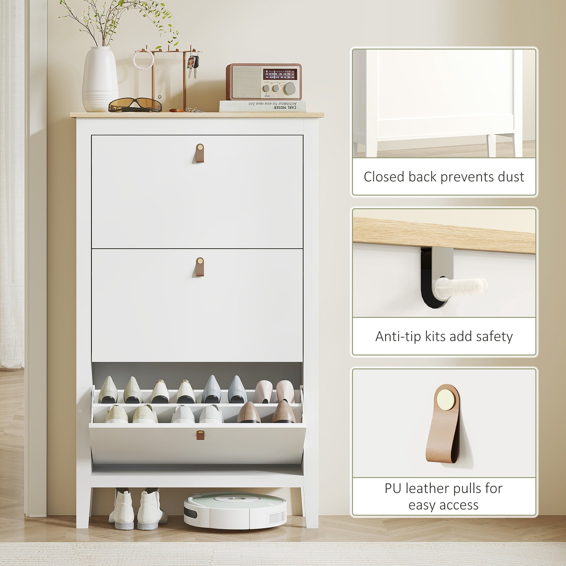 Narrow Shoe Cabinet with 3 Flip Drawers, Adjustable Shelves for Entryway, Holds 15-21 Pairs, White
