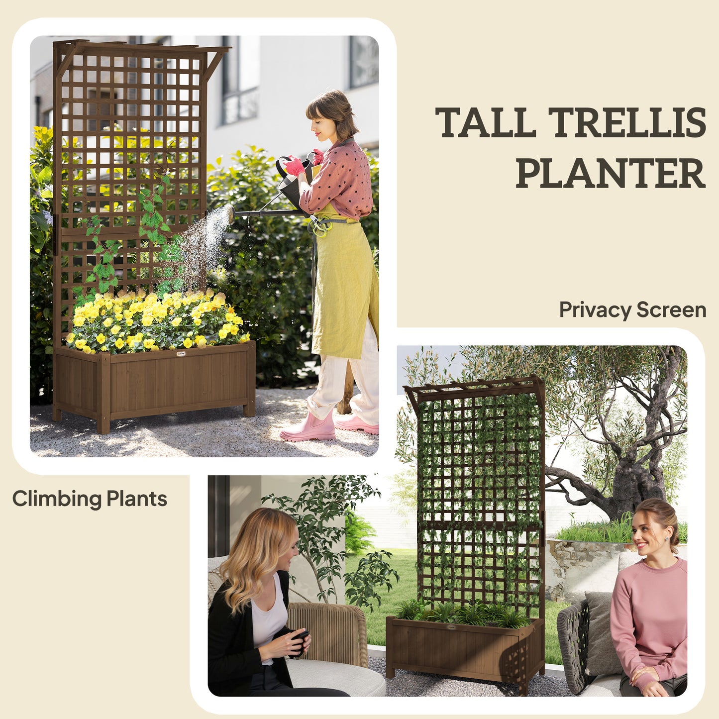 Wood Planter with Trellis for Vine Climbing, Raised Garden Bed, Privacy Screen for Backyard, Patio, Deck, Coffee