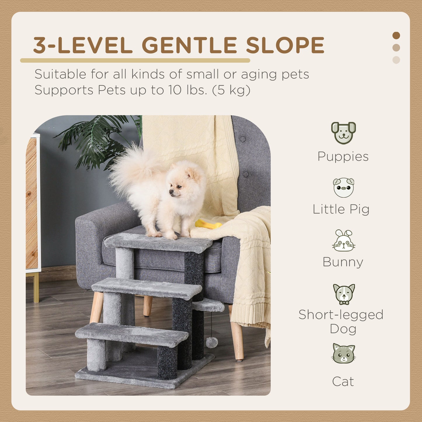 Cat Stairs for Bed, Couch 3 Steps, Small Cat Tree for Indoor Cats with Scratching Posts Toy Ball, 17.5" x 15.5" x 19"