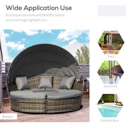 4 Pieces Outdoor Daybed with Retractable Canopy, PE Rattan Wicker Round Sofa Day Bed, Patio Sectional Conversation Furniture Set with Cushions and Pillows, Grey