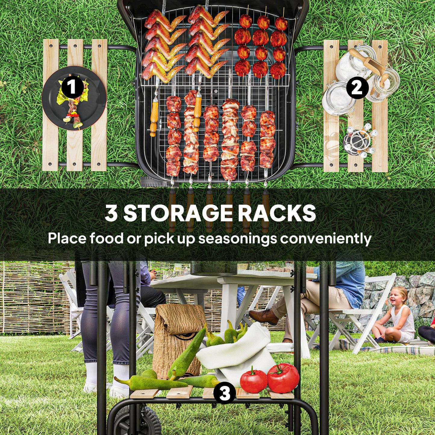Charcoal BBQ Grill, BBQ Grill with 1840 cm² Cooking Area, 3 Shelves, Adjustable Vent, Lockable Lid, Wheels, Black