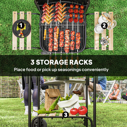 Charcoal BBQ Grill, BBQ Grill with 1840 cm² Cooking Area, 3 Shelves, Adjustable Vent, Lockable Lid, Wheels, Black
