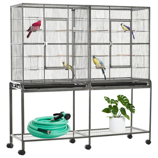 64" Extra Large Bird Cage, Rolling Metal Parrot Cage, Bird House with Detachable Rolling Stand, Storage Shelf, Wood Perch, Food Container, 62.8" x 18.9" x 64.2", Black