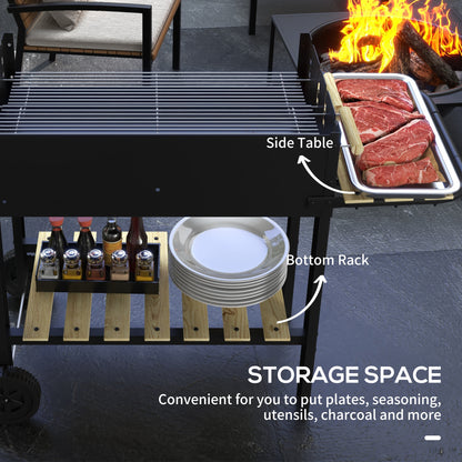 Charcoal Grill,Barbecue Trolley with Double Adjustable Grill, Side Table, Storage Shelf and Wheels, Black