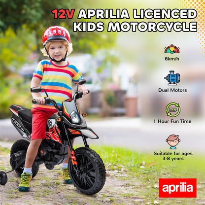 Qaba 12V Aprilia Licenced Kids Electric Motorcycle, Battery-Powered Dirt Bike with Training Wheels for Aged 3-8, Red