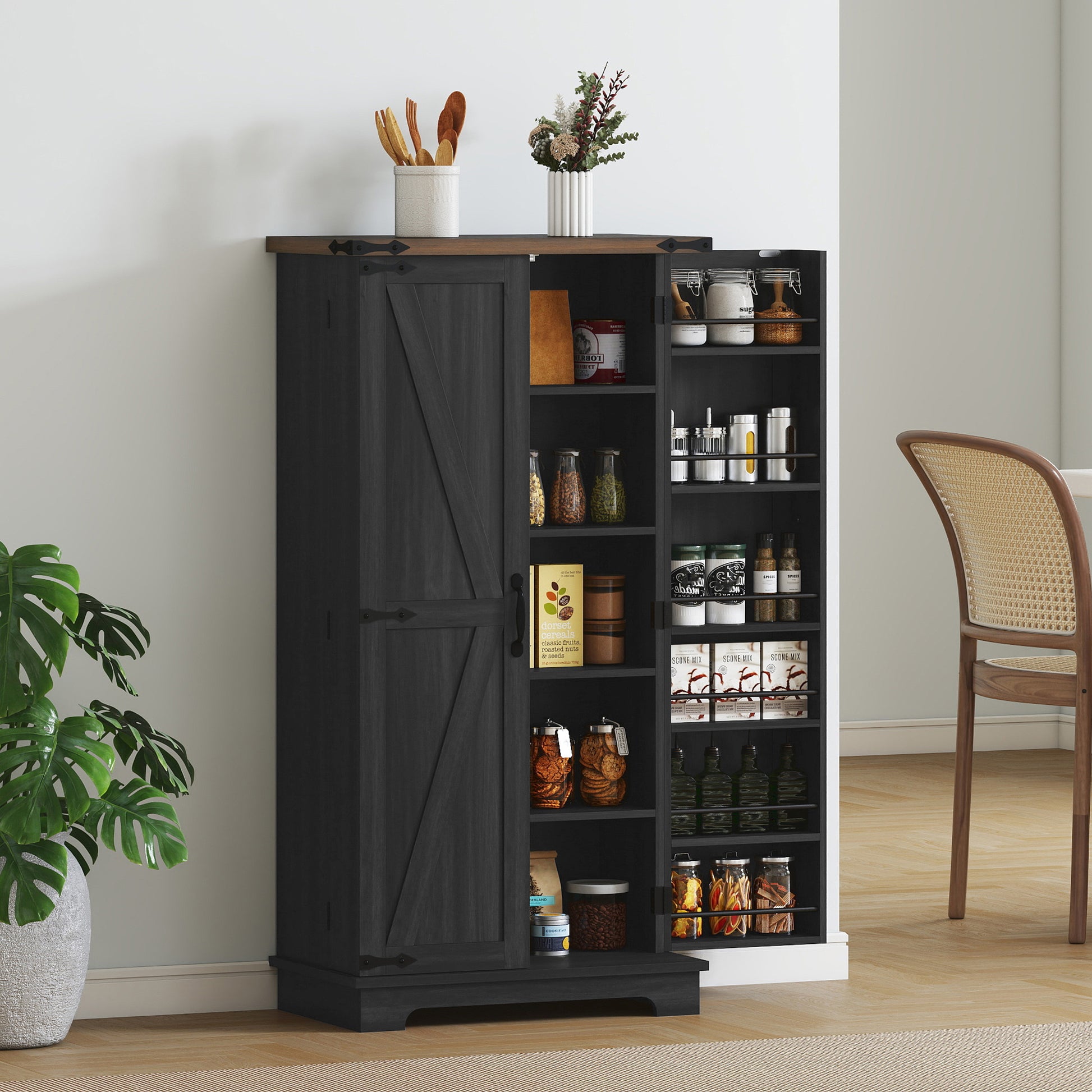 47" Kitchen Pantry Storage Cabinet, Farmhouse Kitchen Pantry Cabinet with Adjustable Shelves and Door Shelves, Black