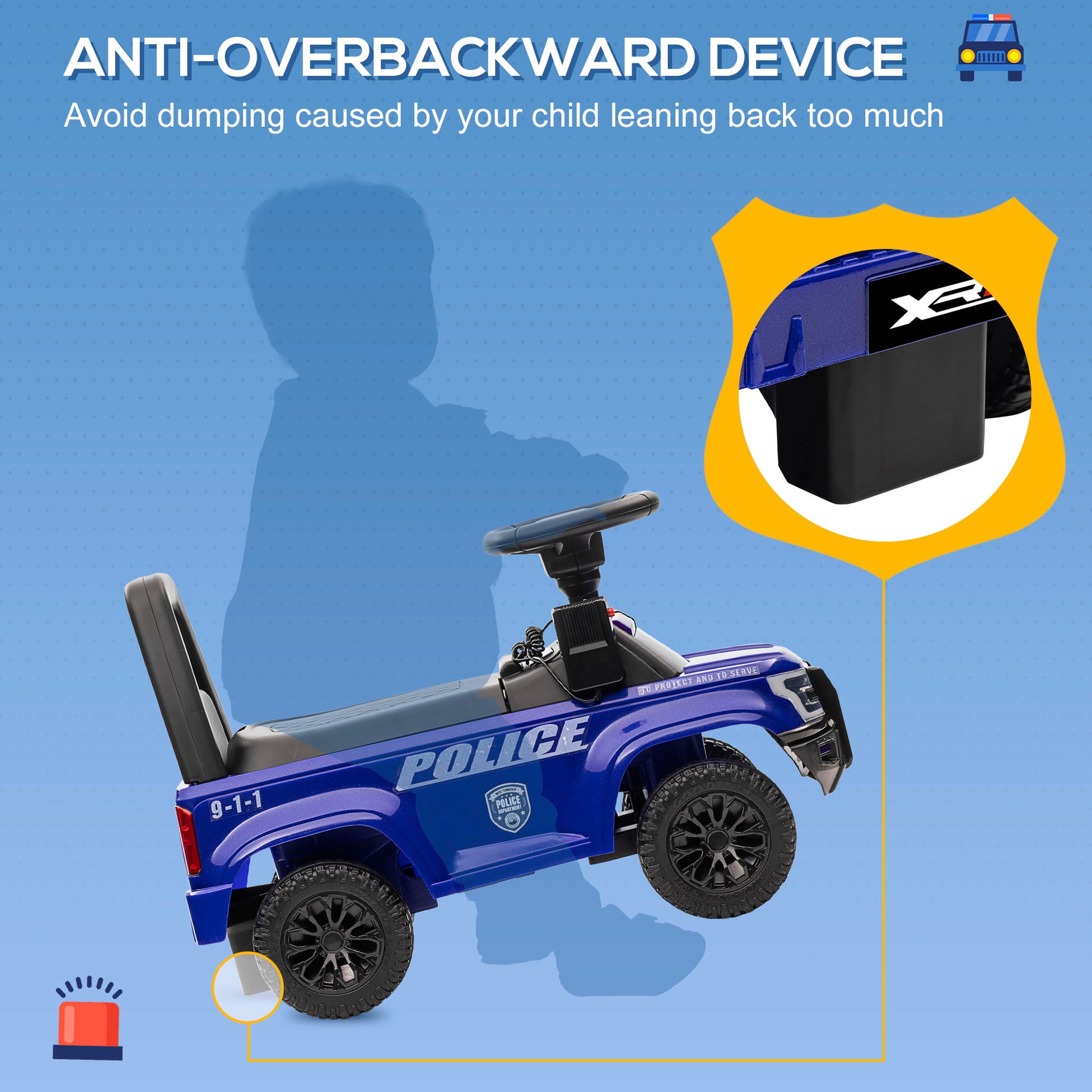 Aosom Kids Ride On Sliding Car with Hidden Under Seat Storage, Ride On Police Car for Toddler with Megaphone, Anti Dumping Device, Removable Backrest, Foot-to-Floor Design, Blue