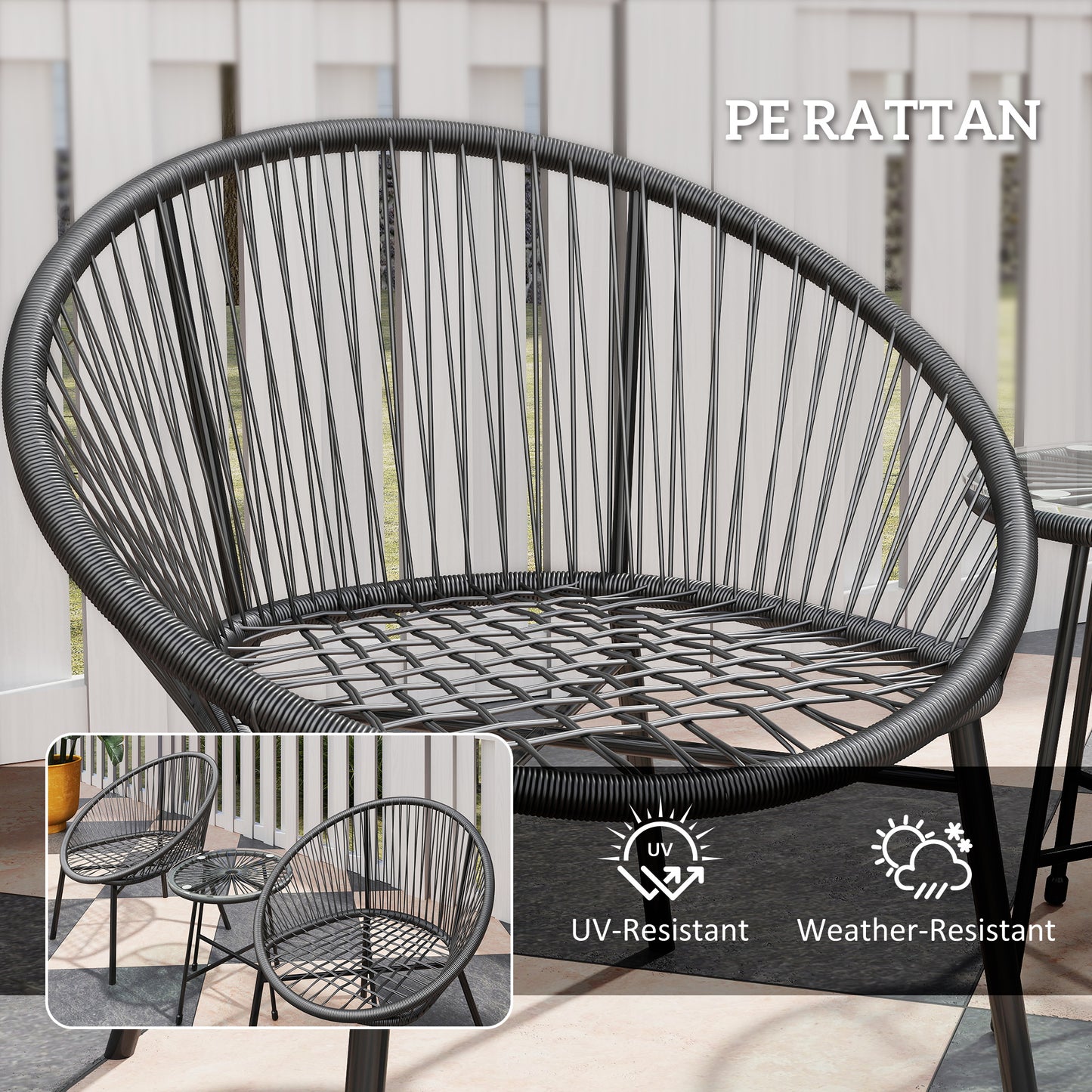 3 Piece Wicker Patio Furniture Set with Soft Seat Cushions, Tempered Glass Tabletop, Bistro Set for Garden, Black
