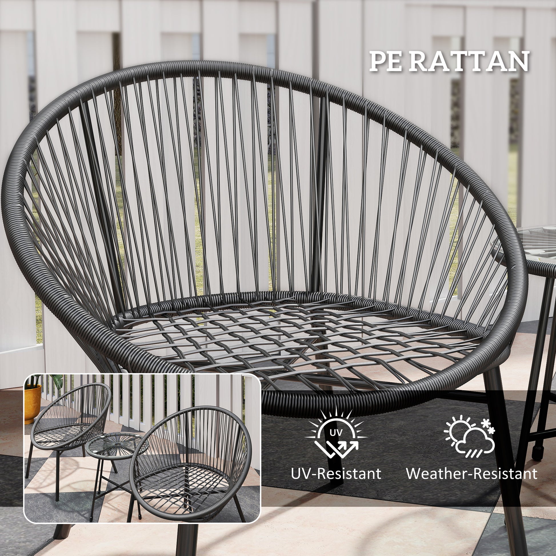 3 Piece Wicker Patio Furniture Set with Soft Seat Cushions, Tempered Glass Tabletop, Bistro Set for Garden, Black