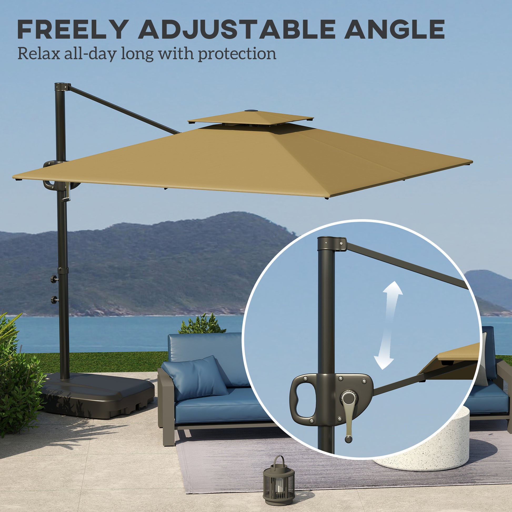 Square Cantilever Patio Umbrella, Double Top Patio Hanging Offset Umbrella with Crank & Tilt, 8' x 9', khaki