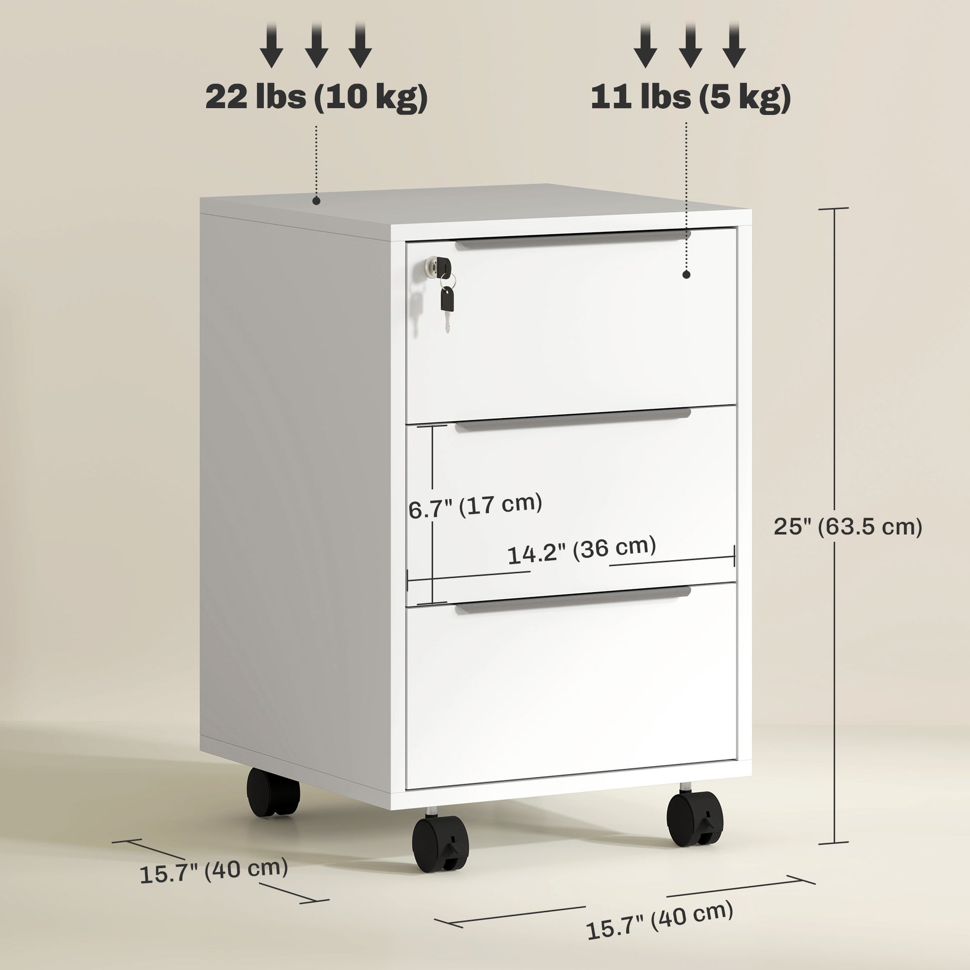 3-Drawer File Cabinet with Wheels, Vertical Filing Cabinet with Lock, White