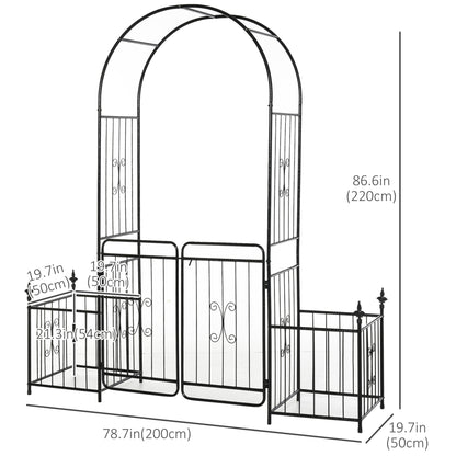 7.2FT Metal Garden Arch with Gate, 2 Side Planter Baskets, Garden Arbor Archway Trellis for Roses and Climbing Plants, Black