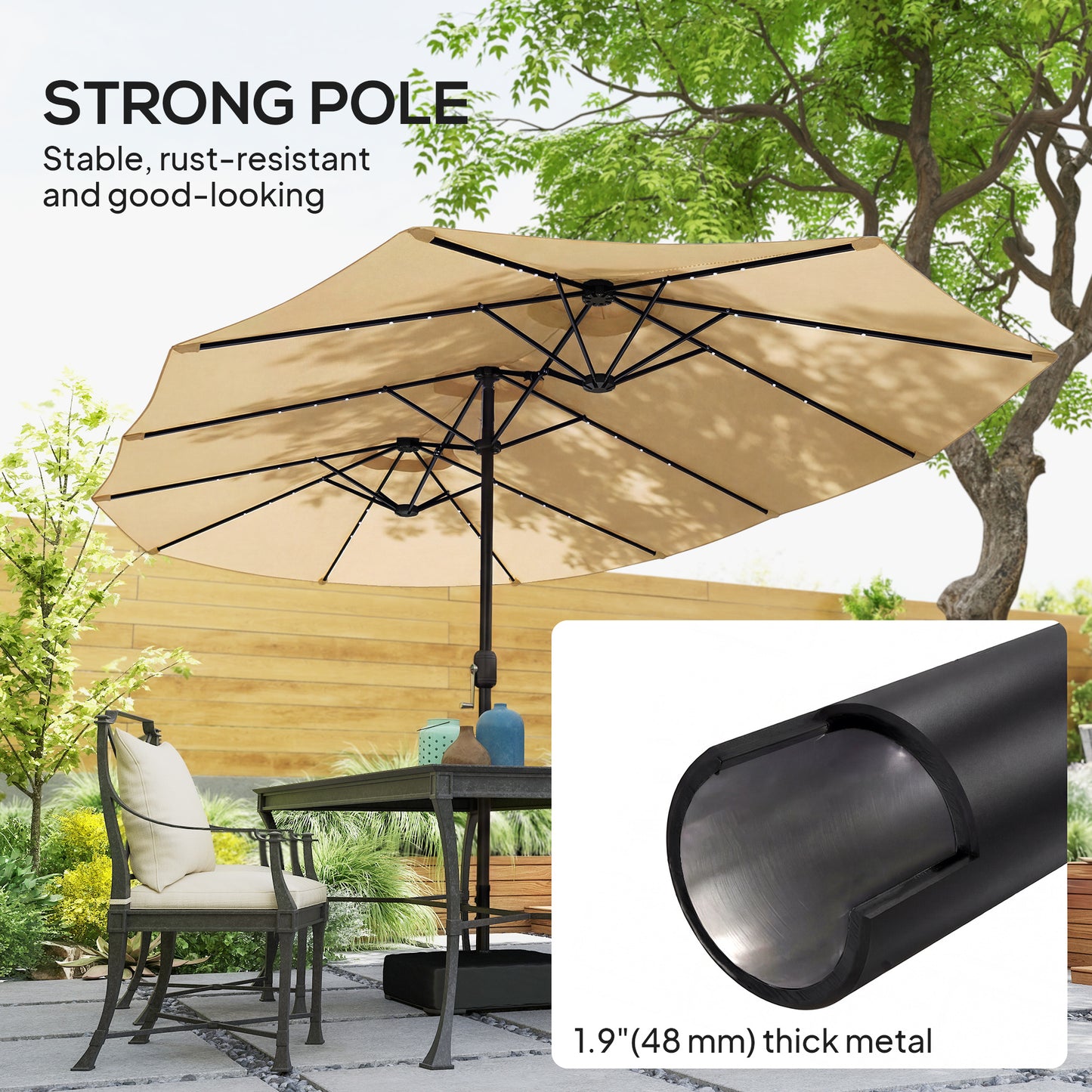 Double-sided Patio Umbrella with Base Included & 48 LED Lights 15ft Khaki