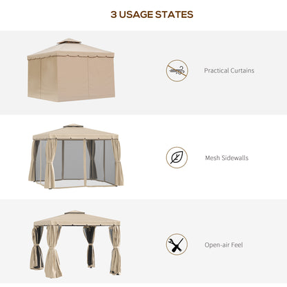 10' x 10' Deck Gazebo with Curtains & Mesh Screen Drapes, Double Roof Canopy Polyester Shade for Backyard Garden, Khaki