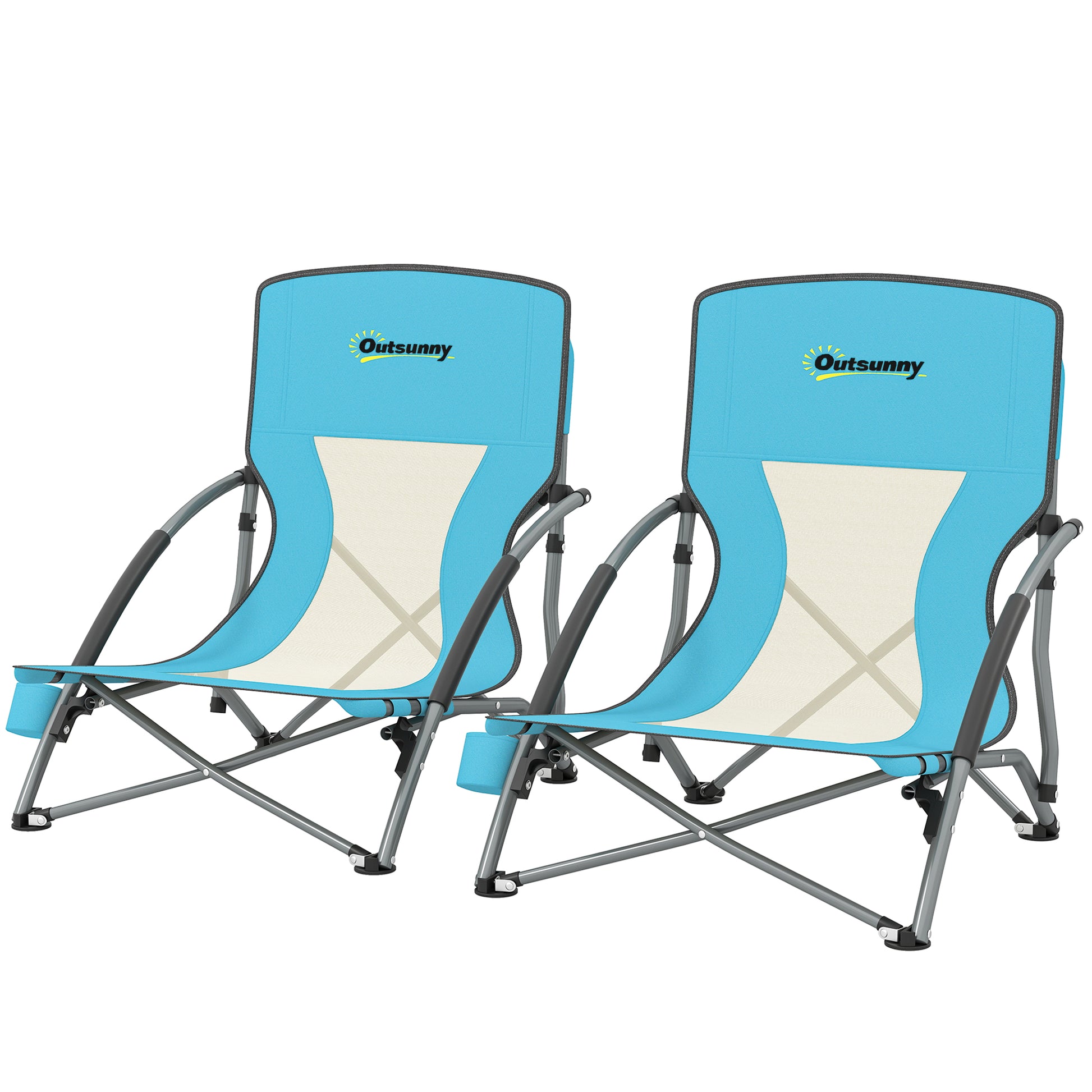 Set of 2 Folding Beach Chairs with Mesh Back, Carry Bag and Cup Holder for Outdoor Camping Lawn, 22.8" x 21.7" x 24.4"